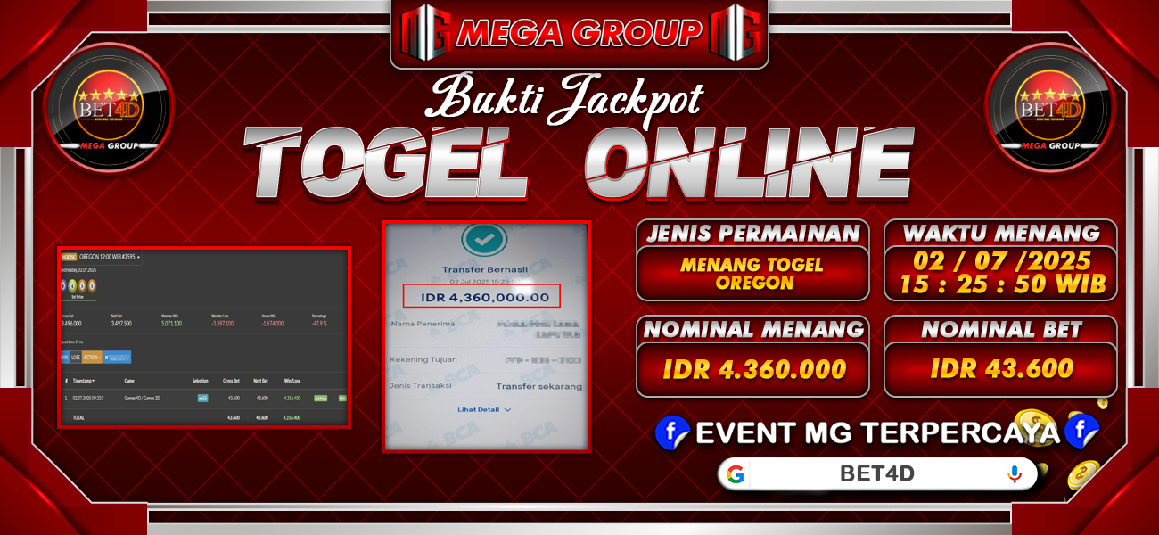 Bukti JP situs Bet4D hari Kamis, 03 Juli 2025