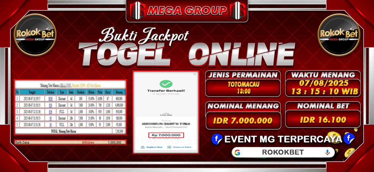 Bukti JP situs Rokokbet hari Kamis, 07 Agustus 2025