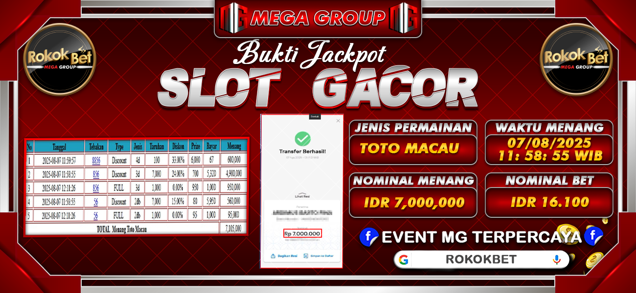 Bukti JP situs Rokokbet hari Kamis, 07 Agustus 2025