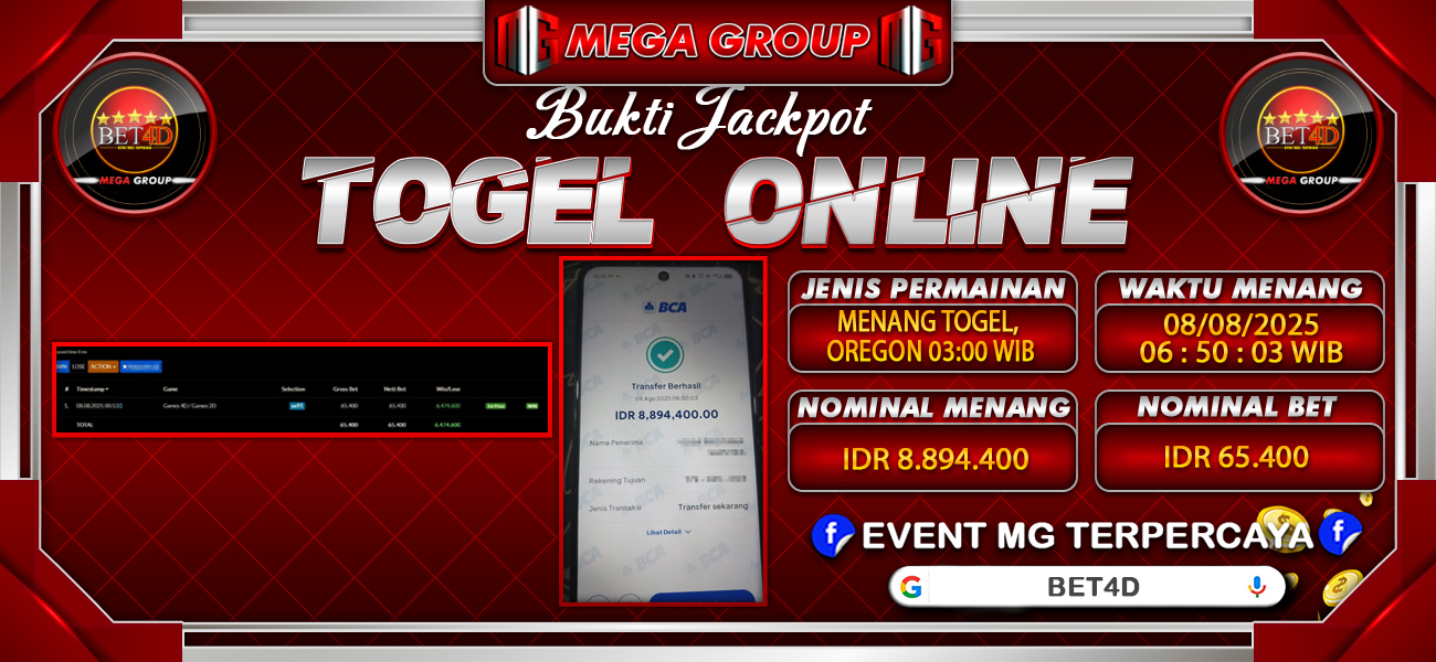 Bukti JP situs Bet4D hari Jumat, 08 Agustus 2025